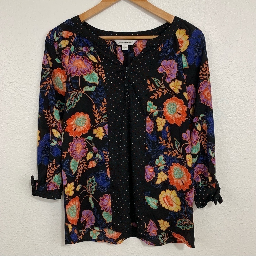 Counterparts Floral Polkadot Semi Sheer 1/4 Button Up Pop Over Blouse Size S